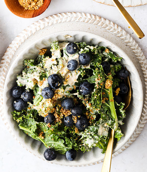 Kale Blueberry Salad with Pecan Cheese and Lemon Tahini